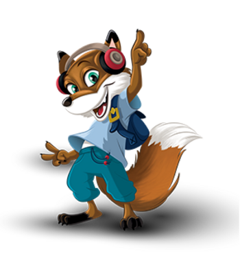 Das Maskottchen Funny trägt Kopfhörer und tanzt zur Musik.