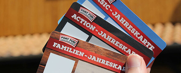 Eine Hand hält die drei verschiedenen Jahreskarten für das FORT FUN fest.