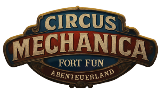Das Logo des Circus Mechanica ist rot und blau und ist im Steampunk Stil.