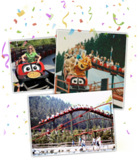 Eine Collage aus Bildern, die die Achterbahn in den 80er und 90er Jahren und heute zeigt.