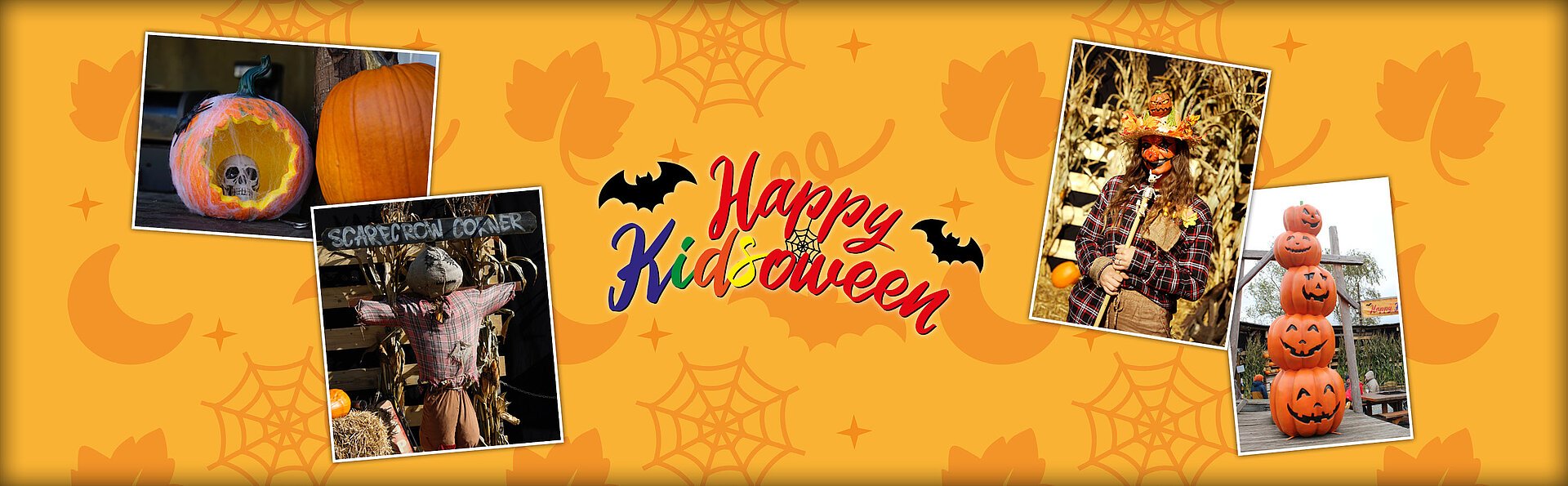 Bunter Banner mit dem Logo von "KidsOween" und beispielhaften Bildern (Kürbisse, Walk-Acts) zu diesem Herbst-Event.