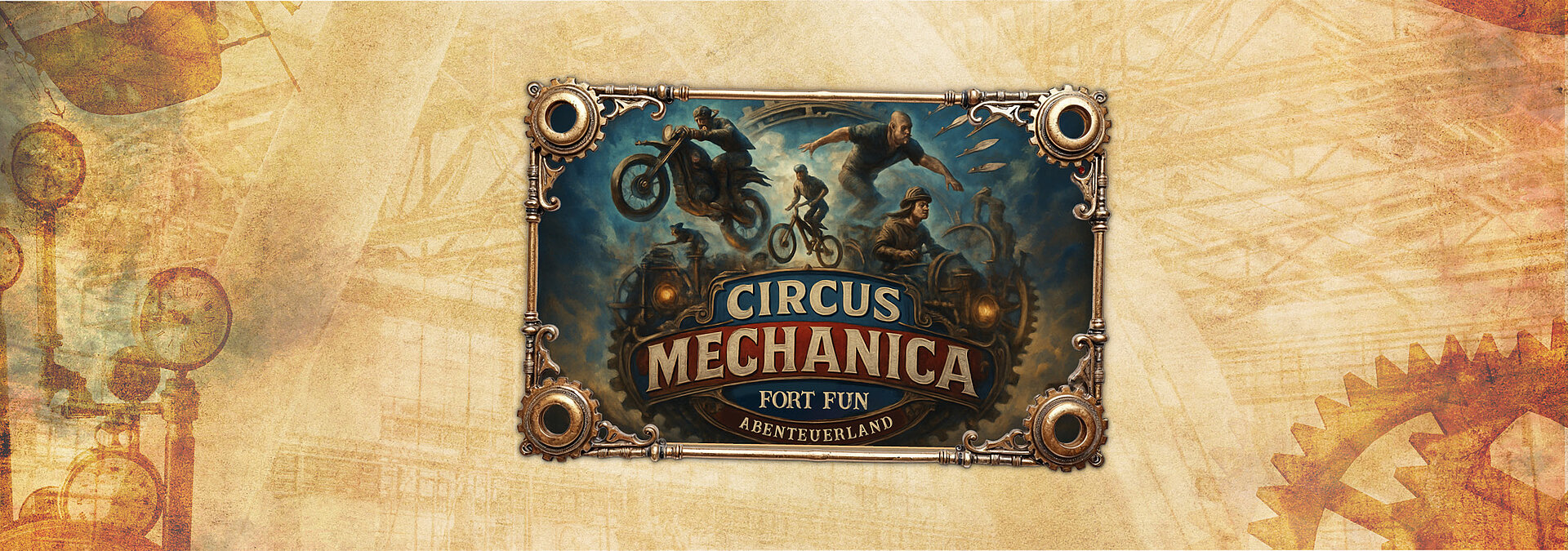 Das Key Visual mit Logo des Circus Mechanica auf einem Steampunk Hintergrund.