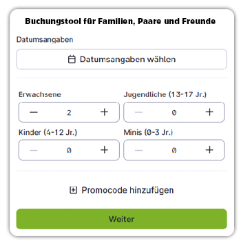 Das Buchungstool hat eine Maske, in der das Datum und die Personenanzahl eingetragen werden kann.