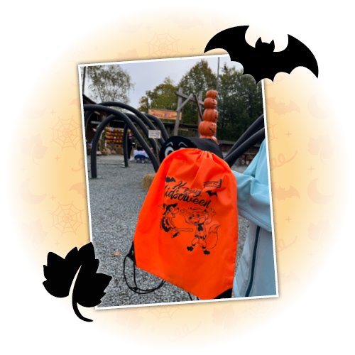 Der knall-orangene Trick-or-Treat-Beutel ist käuflich erwerblich.