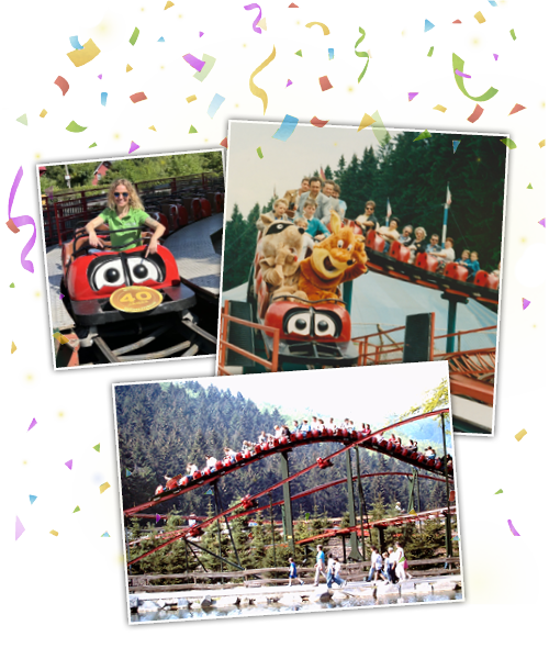 Eine Collage aus Bildern, die die Achterbahn in den 80er und 90er Jahren und heute zeigt.