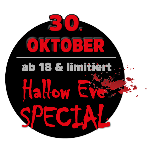 Ein schwarzer Button mit blutroter Schrift zeigt das Datum für das Hallow Eve SPECIAL: 30. Oktober 2026 im FORT FUN.