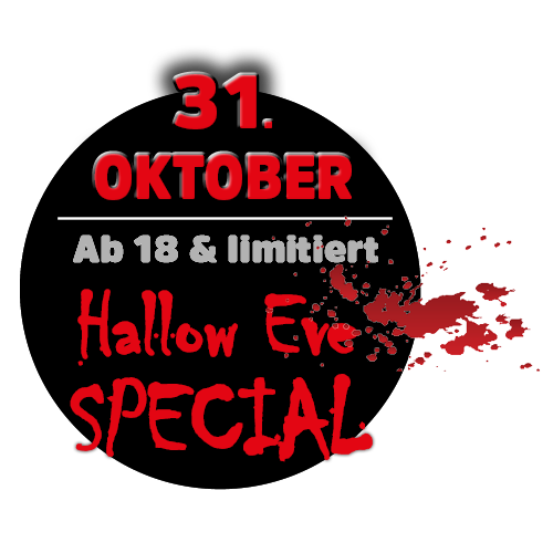 Ein schwarzer Kreis mit Informationen zum Hallow Eve Special am 31. Oktober.