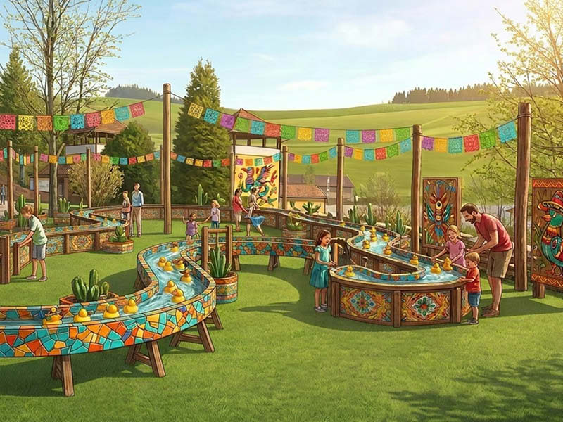 Skizzenhafte KI-Darstellung des neuen Spielplatz vor dem Restaurant La Cascada.