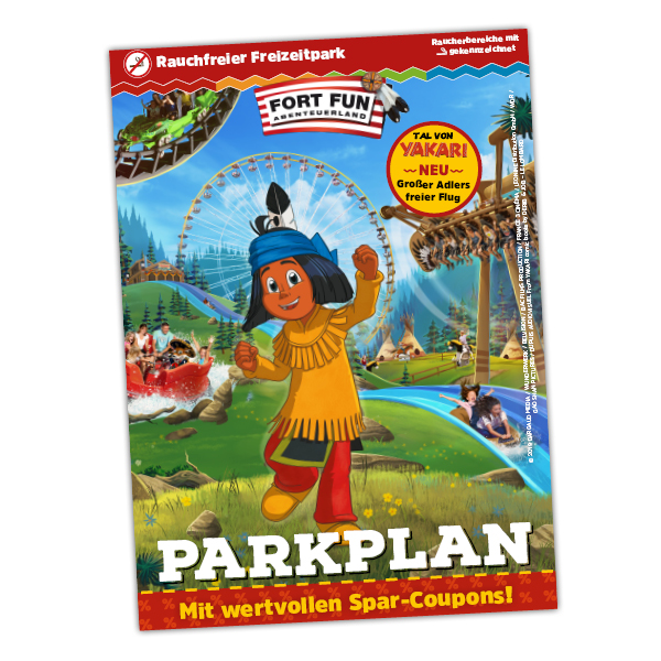 Der Parkplan zeigt alle wichtigen Orte, Attraktionen und Services im Freizeitpark.