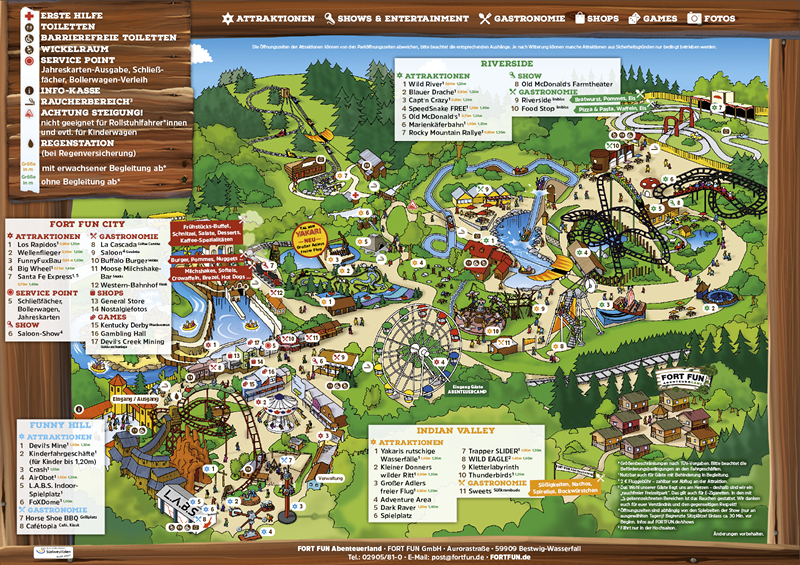 Der FORT FUN Parkplan zeigt den Weg zu den Attraktionen, Toiletten und zur Gastronomie des Freizeitparks.